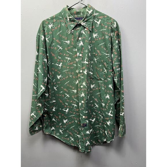 The Arrow Company Mens size Large Long‎ sleeve Green Fly Fishing Print Shirt - Picture 1 of 8